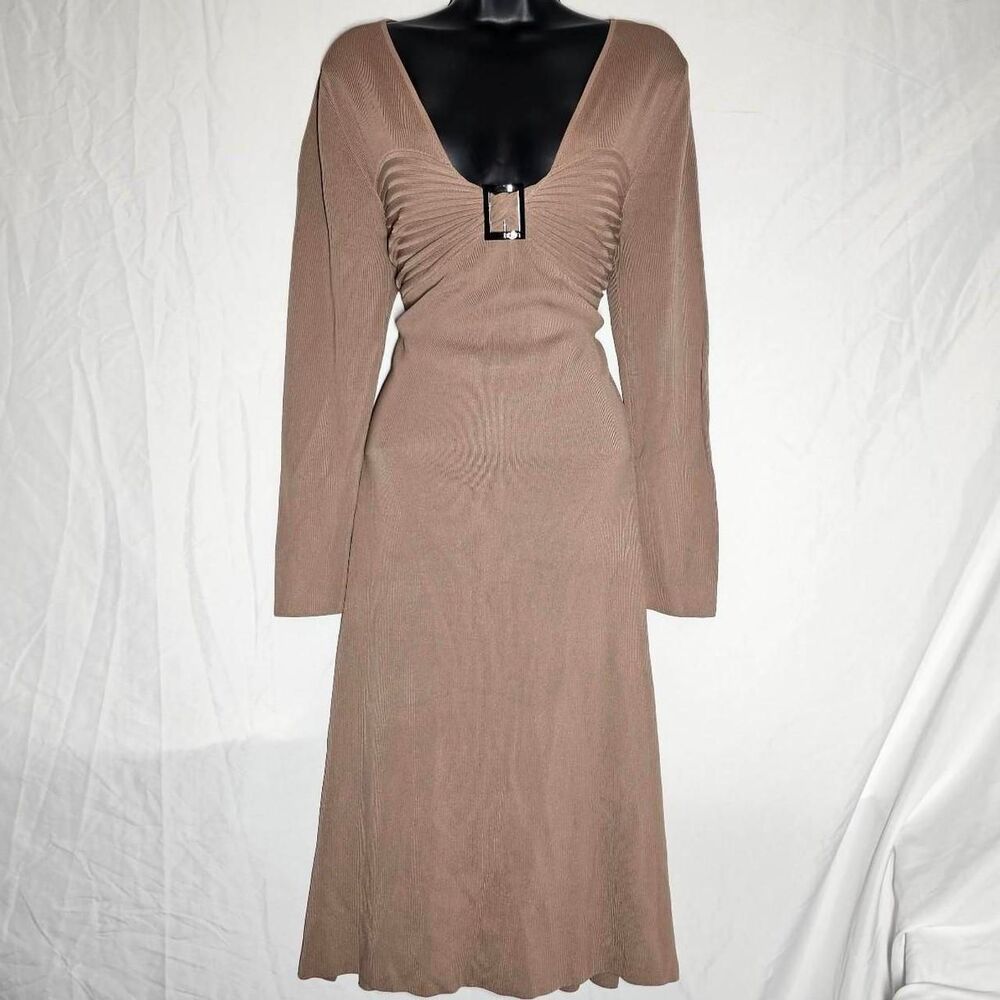 y2k 2000s tan stretchy bcbg v neck a-line dress